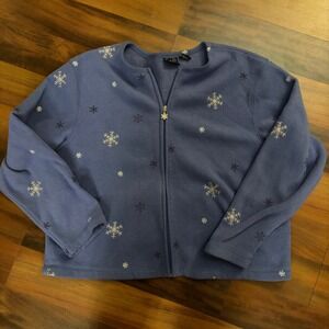 C&B Sport Petite Fleece Zip Up Jacket Snowflake Print Blue PXL